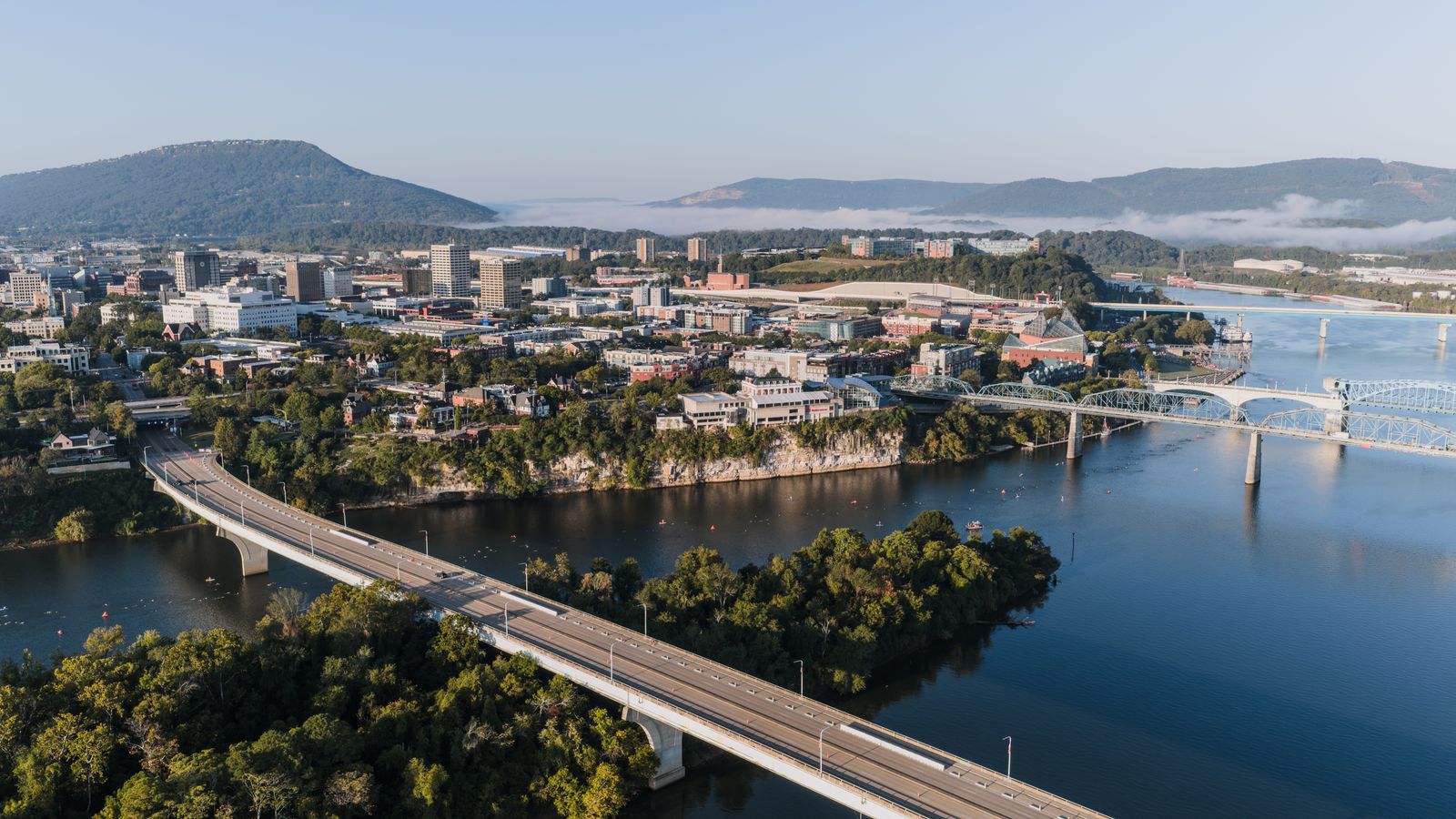 Aerial view of downtown Chattanooga skyline and river